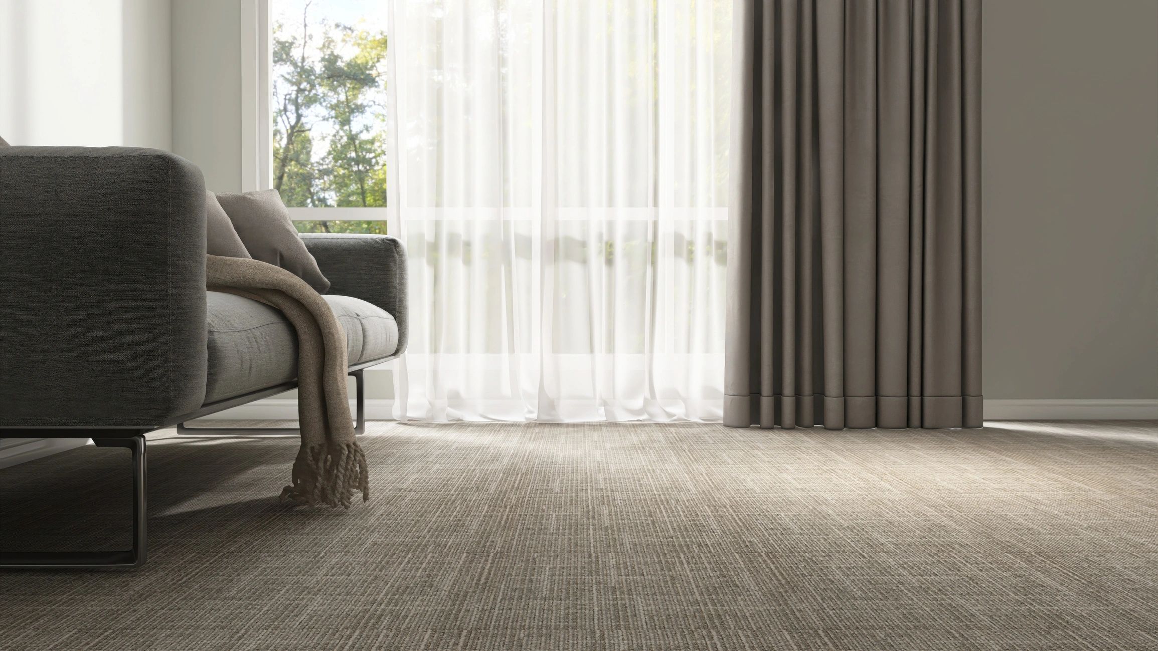 Minimal living room with carpet flooring and modern sofa